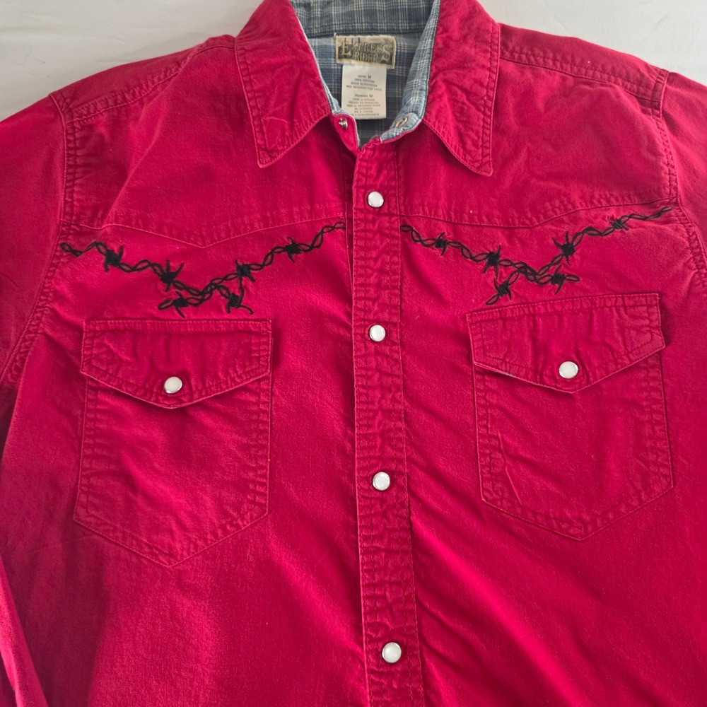 Express‎ Rider Mens Red Barbed Wire Embroidered Western Pearl Snap Shirt Medium